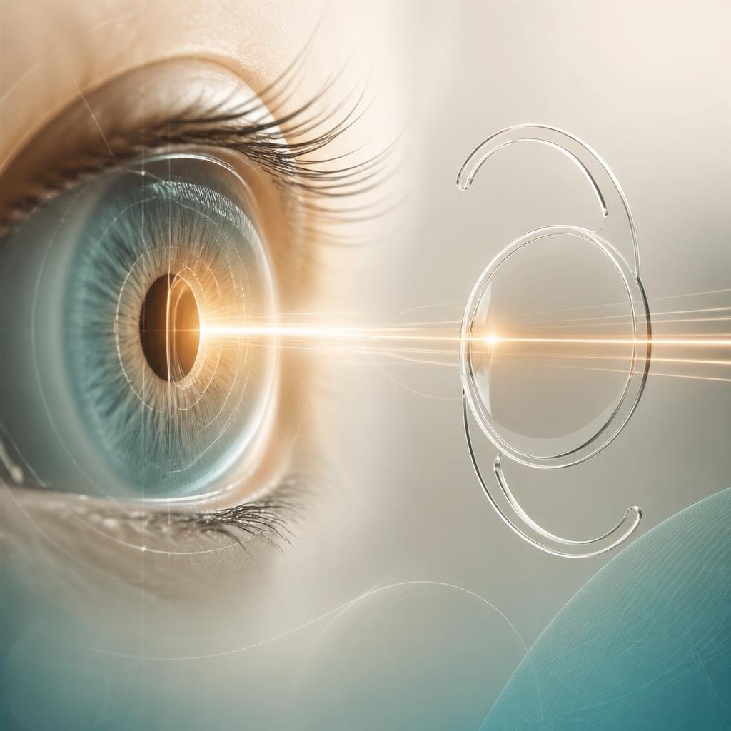 Illustration of a clear artificial lens replacing a cloudy natural lens