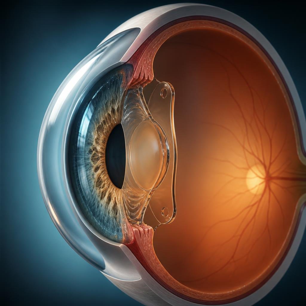 Illustration of an implantable collamer lens positioned inside the eye