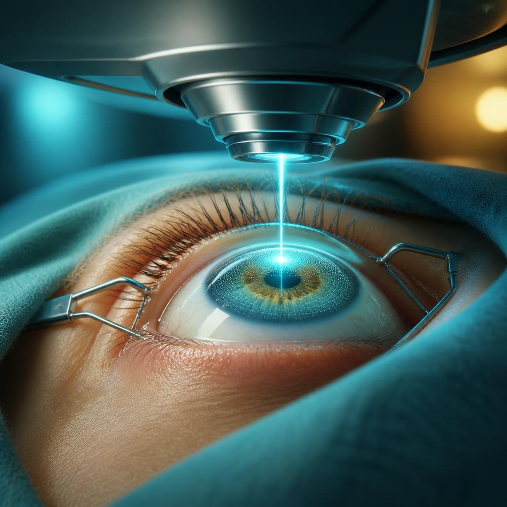 Illustration of an excimer laser reshaping the cornea during LASIK