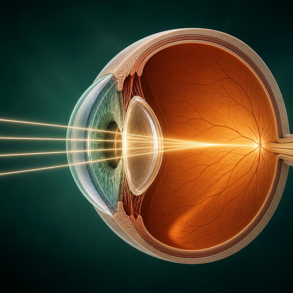 Illustration of light rays focusing precisely on the retina after refractive correction