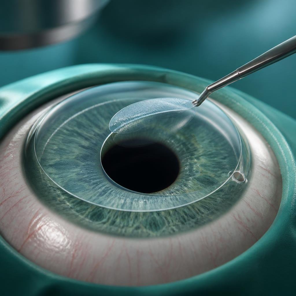 Illustration of a lenticule being extracted through a small incision in SMILE