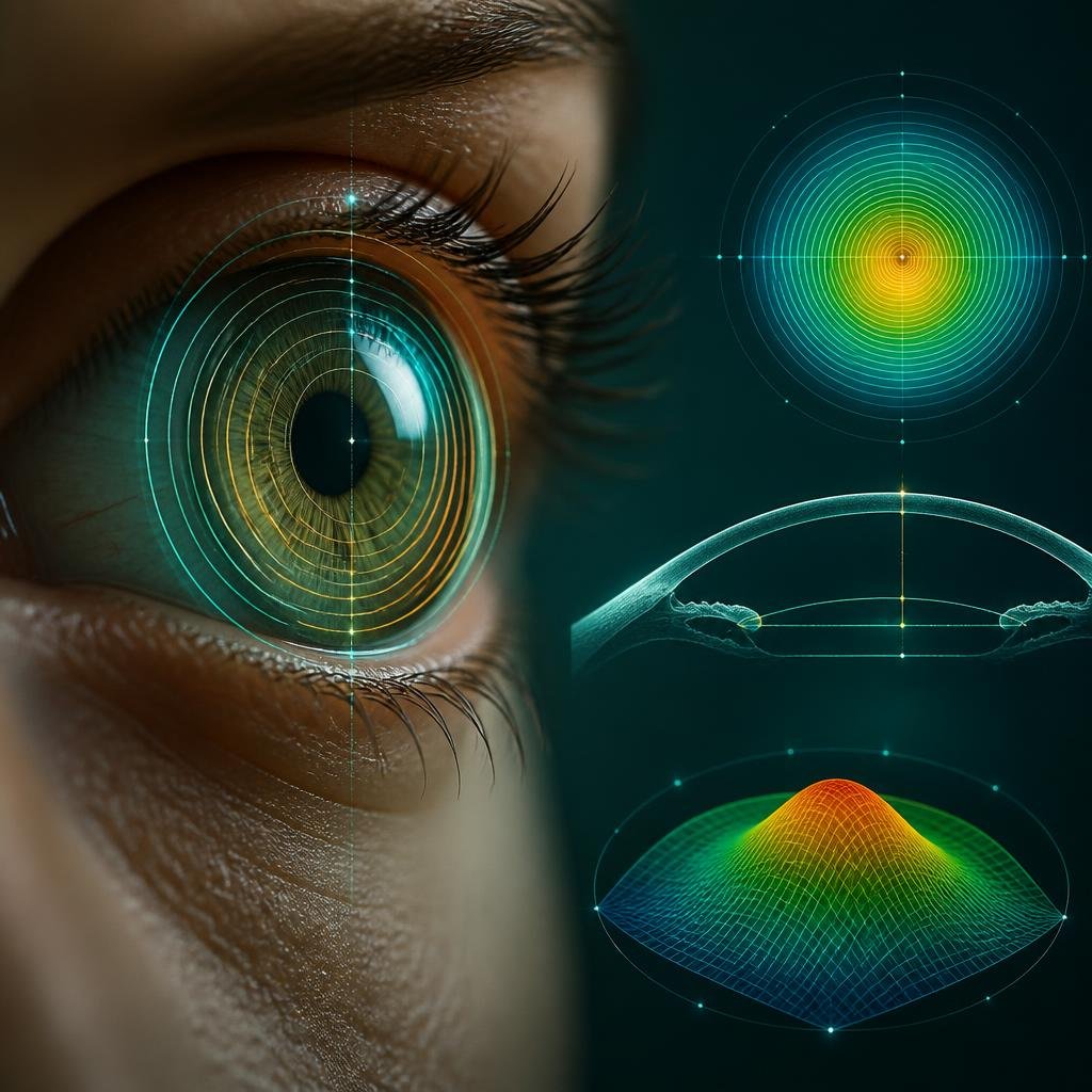 Illustration of corneal measurements being taken for refractive surgery evaluation